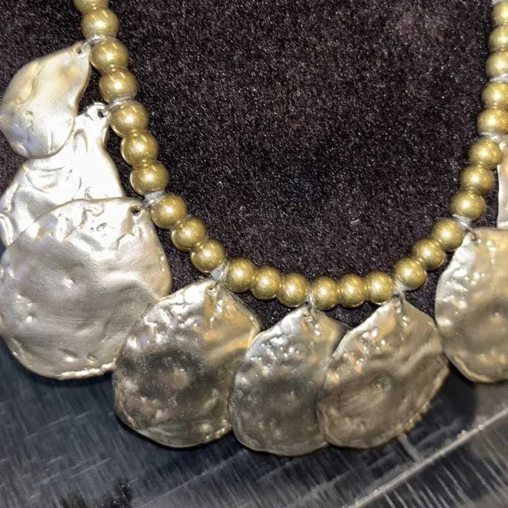 Kenneth Jay Lane Gold Beaded Satin Silver Statement Necklace Gray Fabric Tie​​​